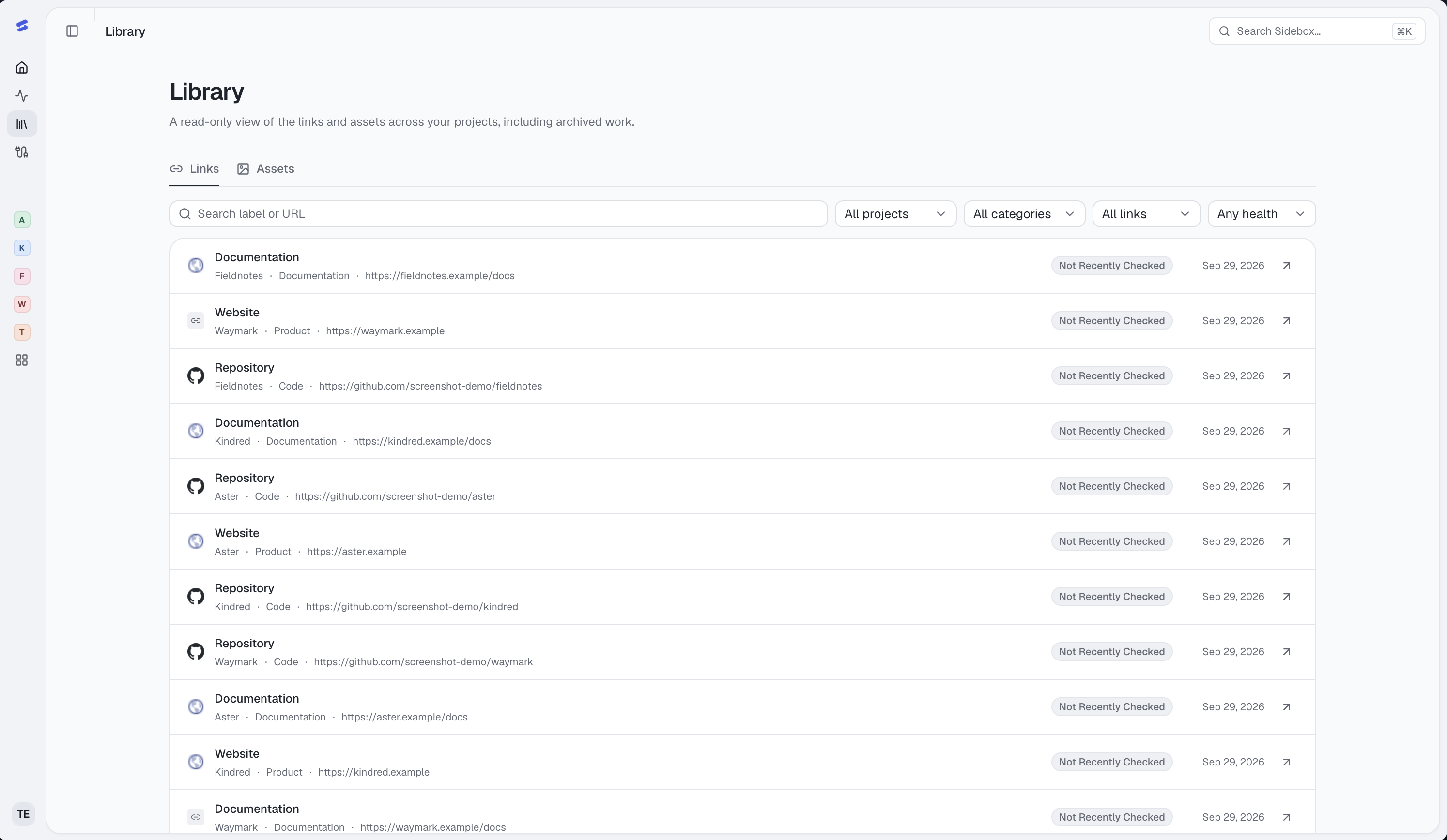 Sidebox Library with links and assets organized by project